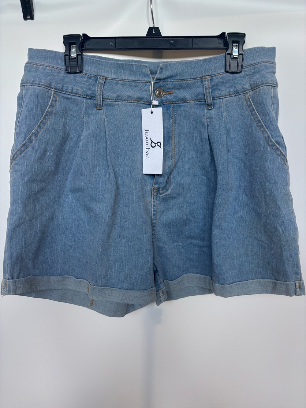 Jasambac Women's Light Wash Blue Denim High Rise Pleated Cuffed Shorts, XL